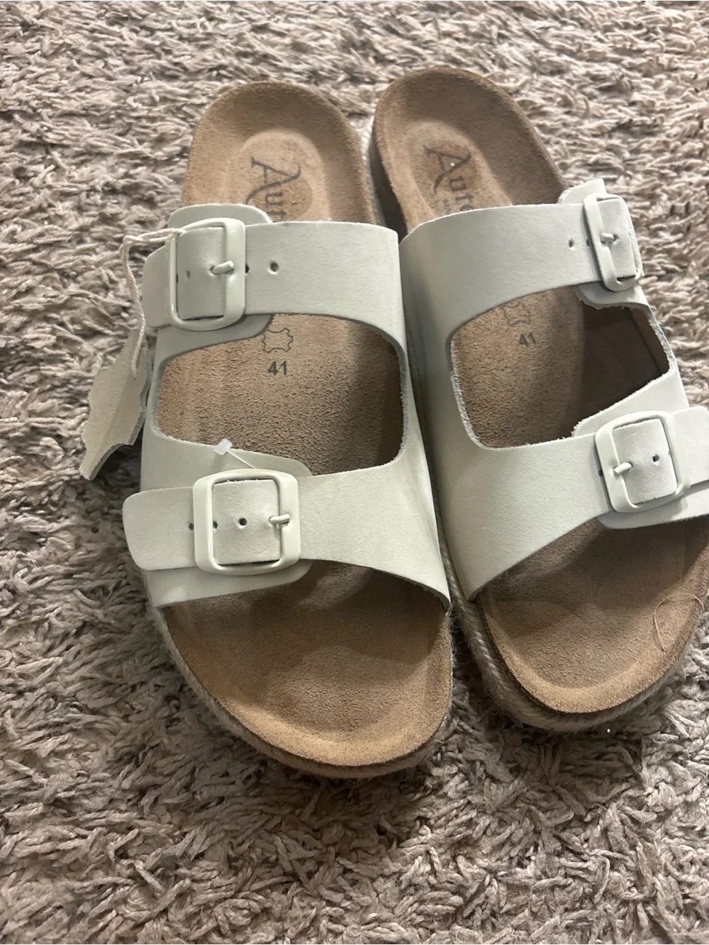 Women’s Double-Buckle Slide Sandals in Cream made in Spain